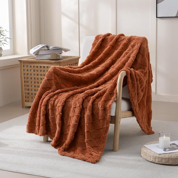 Burnt Orange Throw Blanket for Couch Sofa Bed 60x80 inches,Fleece Blankets Microfiber Flannel with Diamond Checkered Pattern Lightweight Plush Soft Cozy Gifts for Women Mom Girls