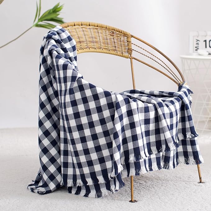 100% Cotton Throw Blanket Plaid Soft Lightweight Cozy Farmhouse Tassels Summer Thin Breathable Throws for Couch Sofa Bed (60" × 80" Navy Blue)