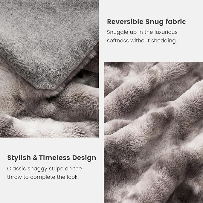 Cozy Bliss Deluxe Striped Rabbit Faux Fur Throw Blanket, Soft Fluffy Warm Plush Blanket for Winter, Modern Homr Decor, Tie-dye Grey 60"x80"