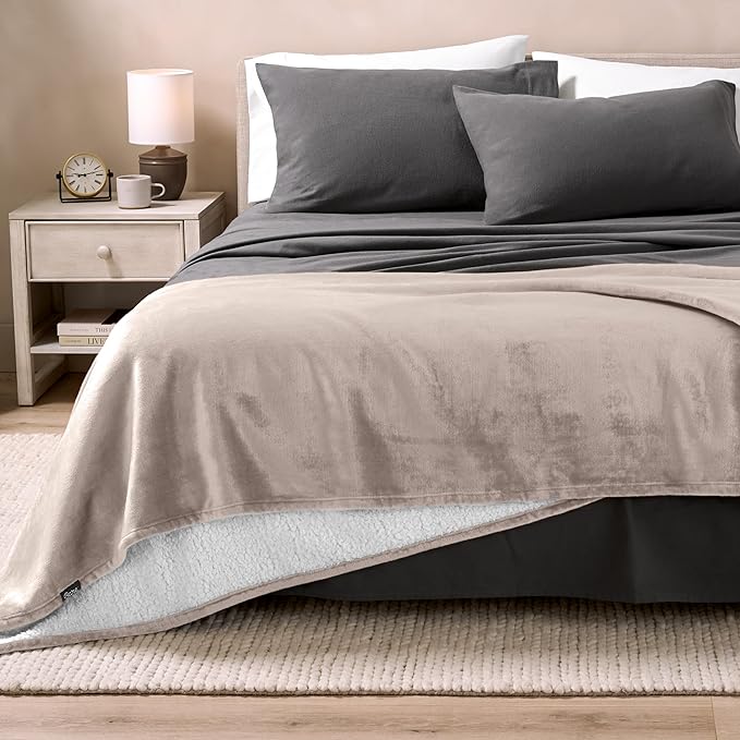 Bare Home Sherpa Fleece Blanket - Full/Queen Size - Blanket for Bed, Sofa, and Couch - Warm & Lightweight - Fluffy & Soft - Reversible (Full/Queen, Light Taupe)