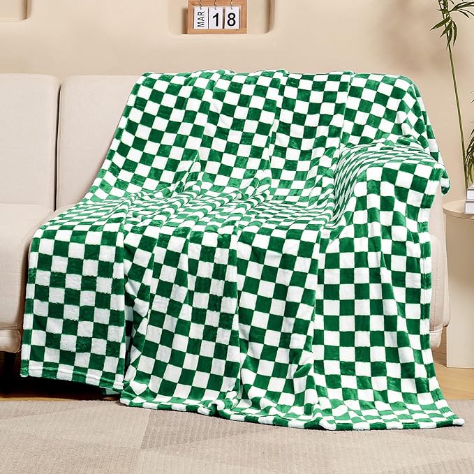 FY FIBER HOUSE Checkered Flannel Fleece Throw Blanket Queen Size Soft Cozy Checkerboard Grid Print Chessboard Gingham Pattern Blankets for Bed Couch Sofa, 90"x90", Green