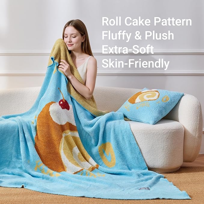 YIRUIO Swiss Roll Pattern Plush Blanket & Pillowcase Set,Ultra Soft Cozy Warm Thick Fuzzy Fluffy 50x60 Throw Blue with 18x18 Cushion Cover for Bed Sofa Couch Home Decor Gift