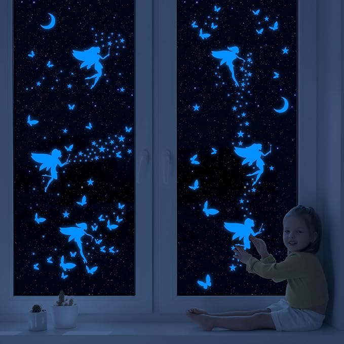 Glow in The Dark Fairy Wall Decals, Luminous Fairies Stars Wall Stickers for Ceiling, Peel and Stick Butterfly Decoration for Kids Room