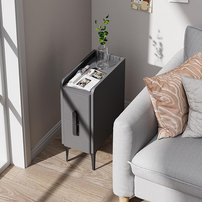 VICITON Narrow Nightstand with 2 Drawers, Narrow Side Table Leather Surface, Slim Bedside Table for Bedrooms, Dormitories, Living Rooms (Light Gray, 15.7" D x 7.8" W x 22.4" H)