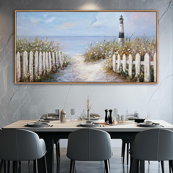 Ocean Wall Art for Living Room - Coastal Canvas Artwork for Walls, Vintage Landscape with Lighthouse, Farmhouse Beach Pictures, Framed Bedroom Wall Decor 29×58IN