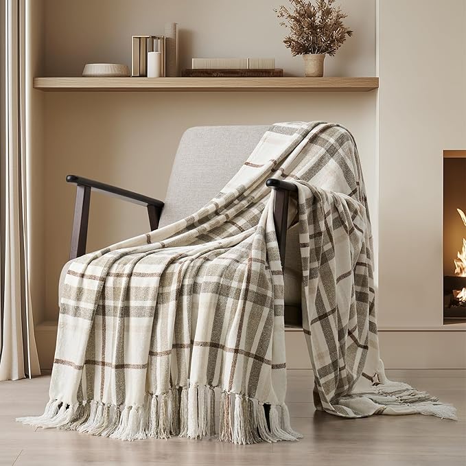 EverGrace Plaid Chenille Throw Blanket for Couch, Super Soft Cozy Decorative Farmhouse Plaid Throw with Tassels, Lightweight Chenille Knit Throw for Bed Sofa Gift Home Decor, Beige 60”x80”