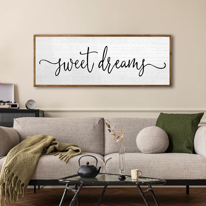 Sweet Dreams Wall Decor Above Bed Sign 32''×12'' Large Wood Framed Master Bedroom Guest Room Sweet Dreams Signs Farmhouse Rustic Wall Art Decoration (Wood)
