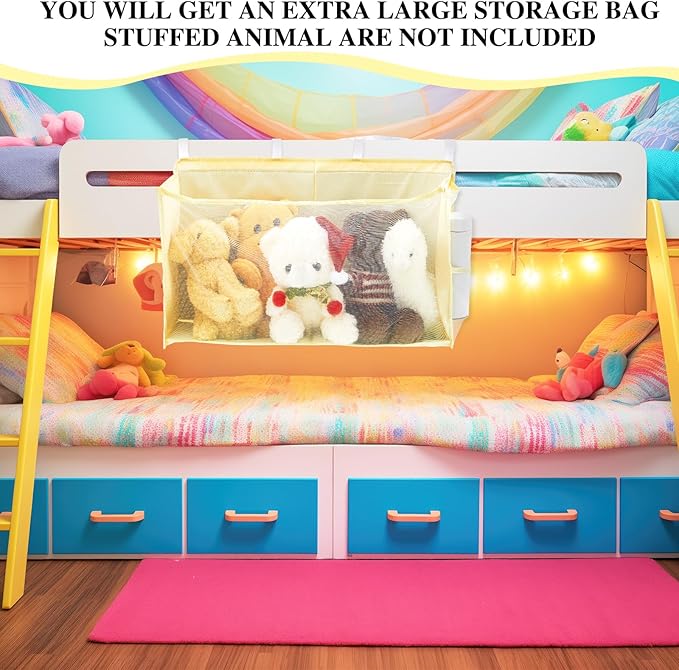 Bedside Stuffed Animal Organizer Storage - Large Capacity Space Saving Plush Toy Organizer Net with Reinforced Sides & Extra Pockets, Stuffy Holder Bed Caddy, Beige