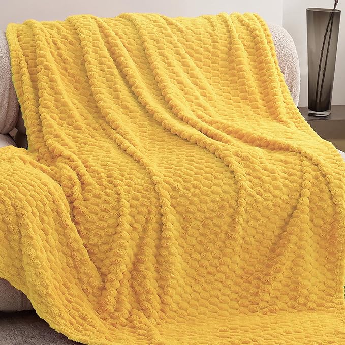 Super Soft Fleece Twin Blanket 50x70 Inches for Couch, Premium Silky with 3D Imitation Turtle Shell Jacquard Decorative Blankets, Lightweight and Cozy for Sofa.Yellow