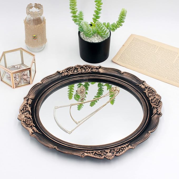 Eaoundm 13.1 x 14.8 inchs Decorative Wall Mirror,Vintage Hanging Mirrors for Bedroom Living-Room Dresser Decor Oval (Vintage Gold 2 Pcs) Plastic Frame
