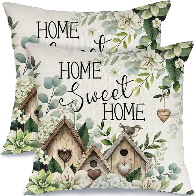 GEEORY Spring Home Sweet Home Pillow Covers Set of 2, 18x18 Inch Farmhouse Birdhouse Eucalyptus Decor Throw Pillow Cases for Sofa, Bedroom, Living Room