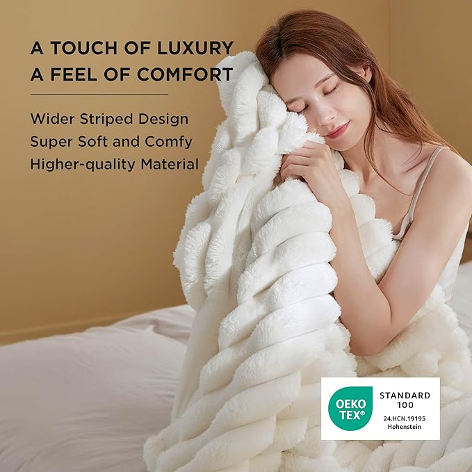 Bedsure Twin Blanket for Bed - Super GentleSoft Cozy Blankets for Women, Cute Small Fleece Throws for Girls, White，60x80 Inches, Wider Striped Design