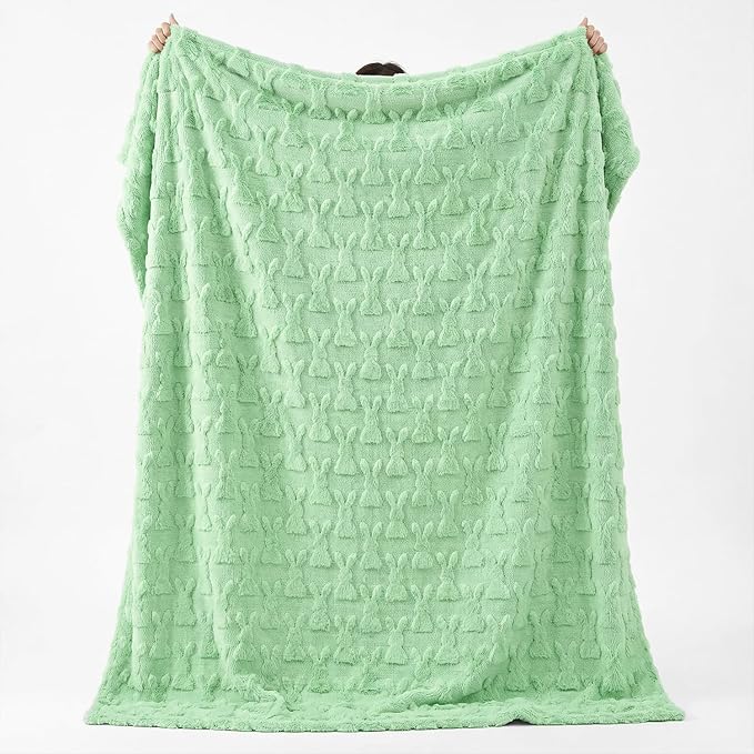 Horaldaily Easter Solid Blanket Throw, Green Rabbits Soft Fuzzy Plush Faux Fur Cozy Blankets for Couch Sofa Bed Lounging, Ideal Gifts for Kids Adults Wife Self, 50x60