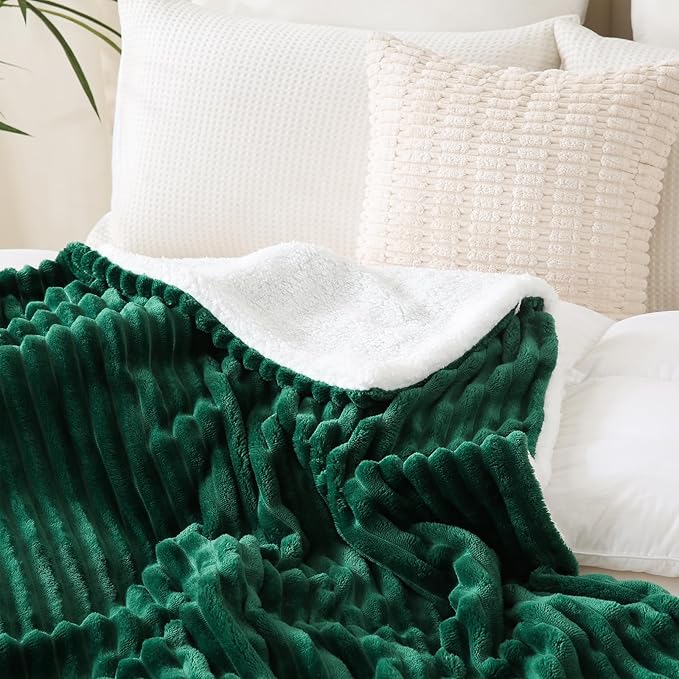 Green Sherpa Fleece Throw Blanket 108”×90” for Couch Sofa Bed,Super Soft Cozy Plush Double Side Thick Flannel Blanket with Striped Design Lightweight for Adults,Woman,Girls