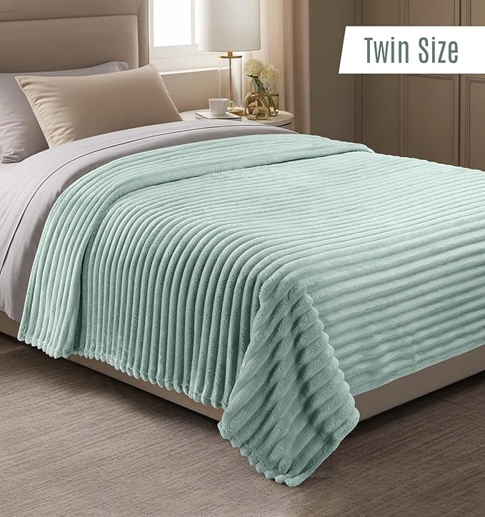 Utopia Bedding Sage Green Striped Fleece Blanket Twin Size – Fluffy, Warm & Lightweight Ribbed Throw for Bed, Sofa & Chair - Soft Cozy Blanket for Home Décor & Gifting (60x80 Inches)