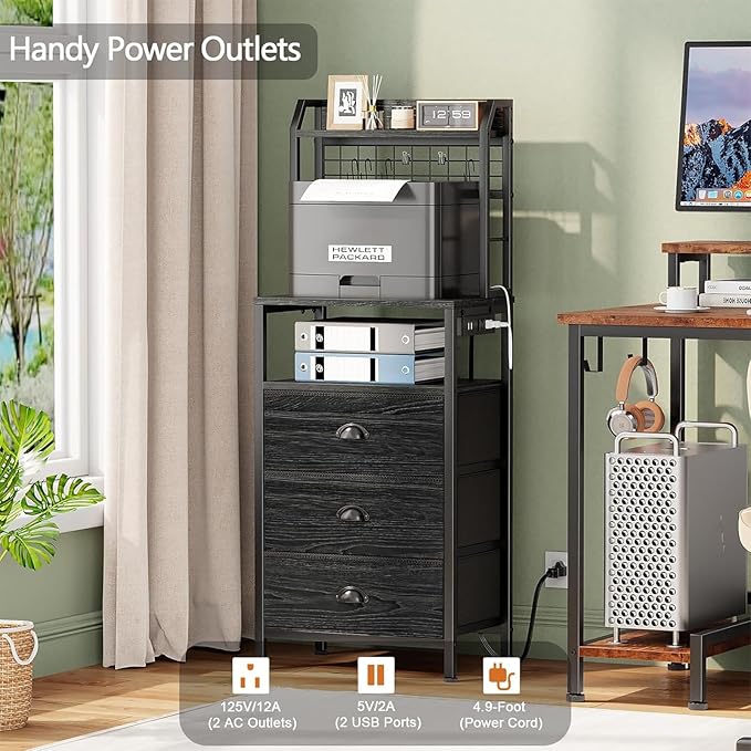 Furologee 44'' Tall Nightstand with Charging Station, Bedside Table with LED Lights, End Table with 3 Drawers and Storage Shelves, Night Stand with Pegboard for Bedroom, Black Oak