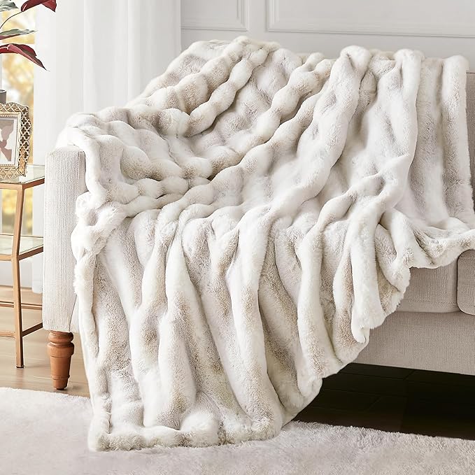 Hyde Lane Ultra Soft Plush Throw Blanket, Fuzzy Faux Rabbit Fur Throws, Luxury Cozy Fluffy Blankets for Sofa, Couch, Living Room Decor, Unique Gifts for Women, Frost Fox, 60"x80"