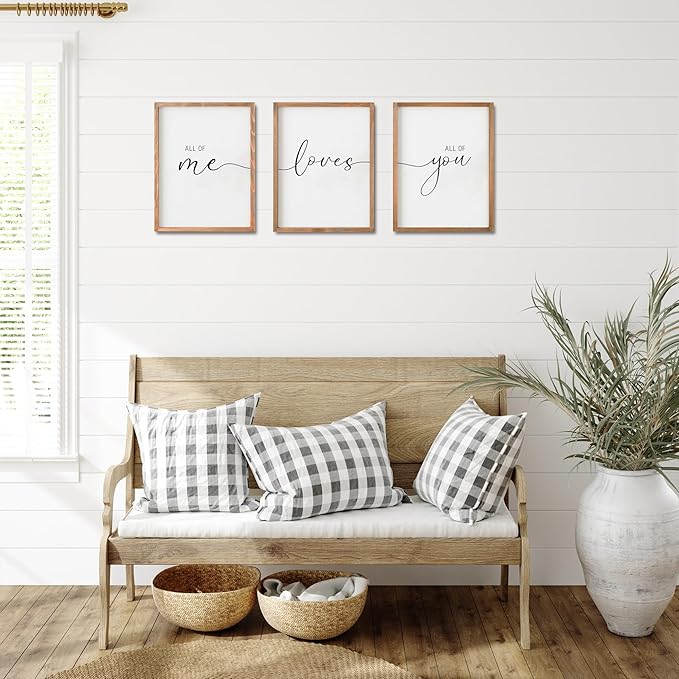 Set of 3 Framed Farmhouse All of Me Loves All of You Sign 11x14” Above Bed Wall Decor for Bedroom Decor Wall Art Wood Signs (11x14, Brown)