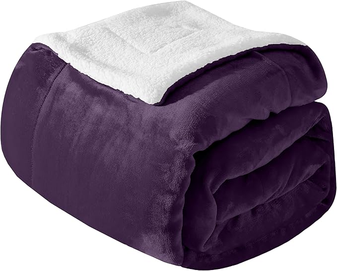 Mocassi Premium Ultra-Soft Velvet Touch Flannel Fleece Sherpa Throw - Warm Cozy Reversible Plush Micromink Throw Blanket for Couch, Bed and Sofa - Fluffy, Christmas Winter Bedding Gift, Purple