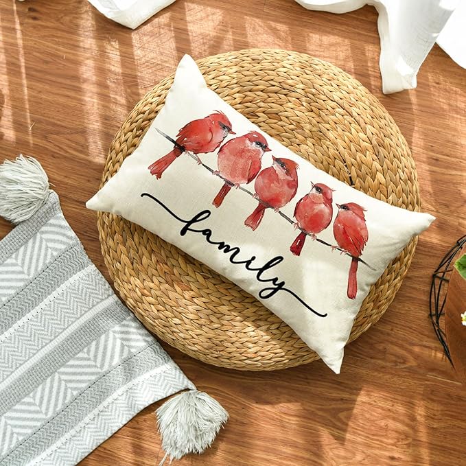 AVOIN colorlife Home Sweet Home Redbird Family Watercolor Throw Pillow Cover, 12 x 20 Inch Red Northern Cardinal Cushion Case Decoration for Sofa Couch