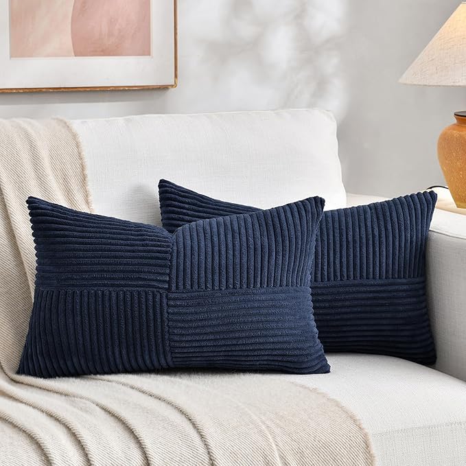 Fancy Homi 2 Packs Navy Blue Lumbar Decorative Throw Pillow Covers 14x24 Inch for Couch, Rustic Farmhouse Boho Home Decor, Soft Striped Corduroy Rectangle Accent Cushion Case 35x60 cm