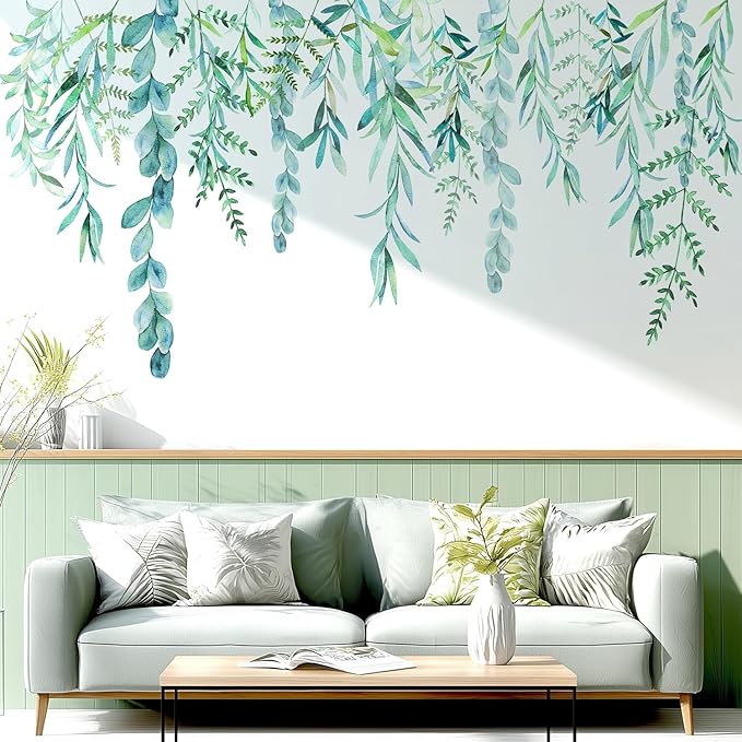 Green Hanging String of Willow Wall Decals Peel and Stick, Large Plants Vinyl Wall Stickers, Removable Vine Home Decor Art for Bedroom Living Room Classroom Office