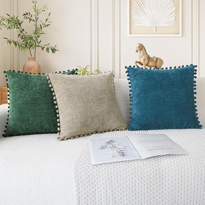 CaliTime Christmas Throw Pillow Covers Decorative 18 X 18 Inches Pack of 2 Cozy Solid Dyed Soft Chenille Cushion Cases with Pom Poms for Couch Sofa Bed Living Room Home Dark Green