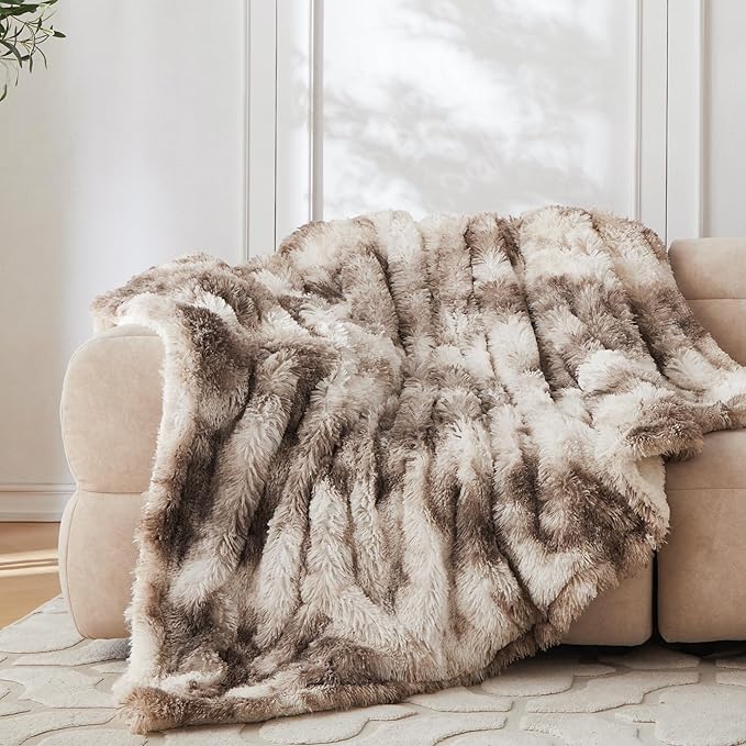 COOVA Ultra Soft Faux Fur Throw Blanket – Fuzzy Fluffy Cozy Microfiber Blankets, Warm Thick Plush Sherpa Fleece Throw Blanket for Couch,Bed,Sofa,Ideal Gift for Women.(Tie Dye Brown, 50"x60")