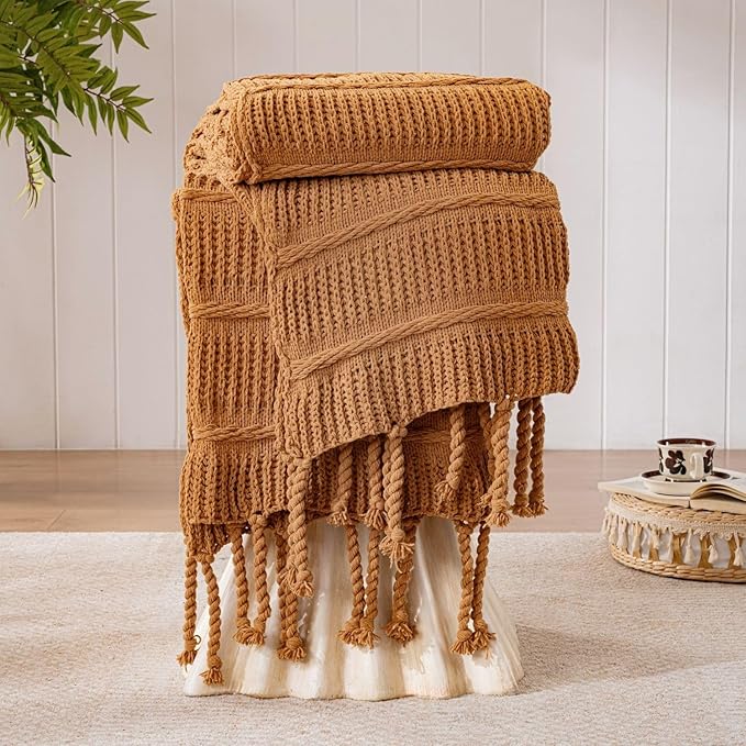 Boho Knitted Chenille Blanket with Tassels - Lightweight & Soft All-Season Throw - 3D Classic Pattern for Living Room Bedroom Couch, Amber Brown, Twin 60"x80"
