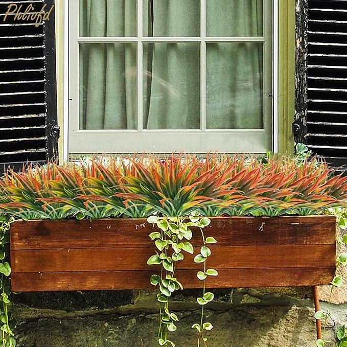 6Pcs Artificial Grass Fake Plants 17.3in Outdoor Plastic Plants UV Resistant Greenery Fake Grass for Home Window Garden Office Patio Hanging Planter Pathway Front Porch Décor Red