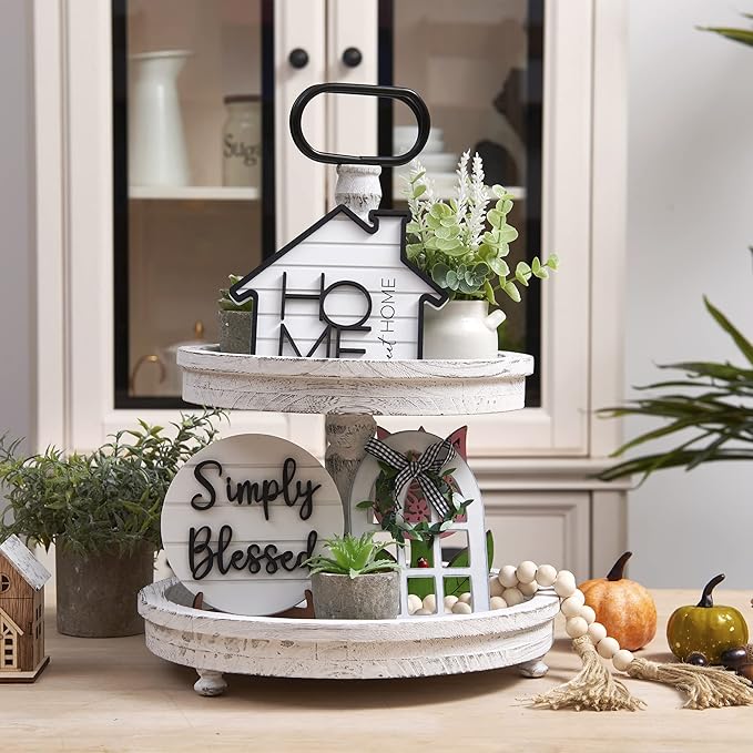 Houmury Rustic Farmhouse Tiered Tray Set with Succulent & Plant - Home Decor for Kitchens (Set of 8 Without Trays)