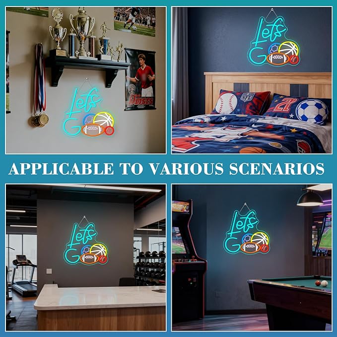 Sports Neon Sign Let's Go Basketball LED Light 4 Balls Combination Sign Light Up Baseball Wall Decor for Gym Themed Party Lighted Football Gifts for Sports Lover