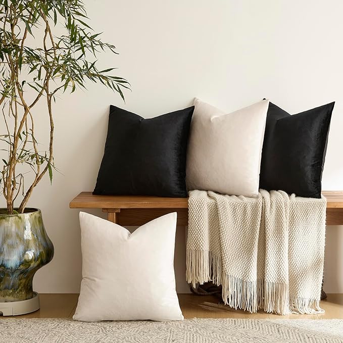 GIGIZAZA Decorative Velvet Pillow Covers - 20x20 Throw Pillows Soft Black Beige Covers Accent for Couch Living Room Bed Square Modern Luxury Cushion Covers Home Decor Set of 4