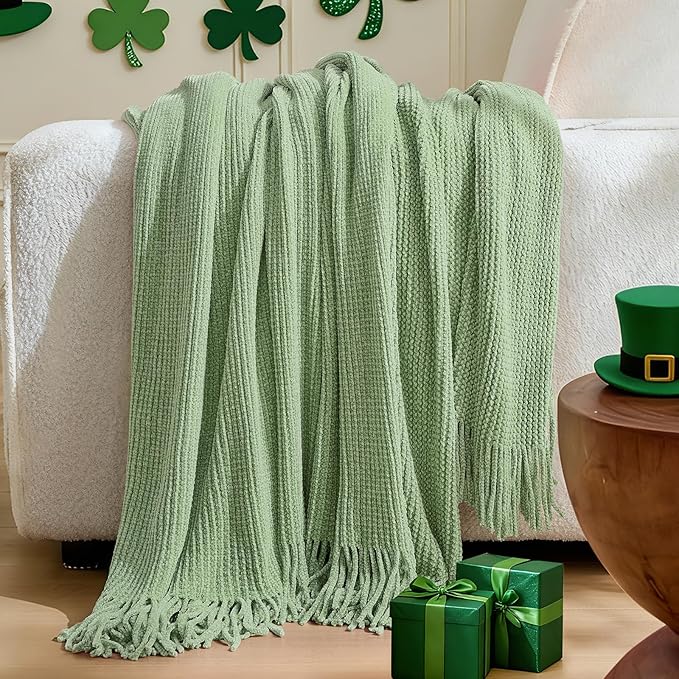 inhand Basil Green Throw Blanket for Couch Bed,St. Patrick’s Day Lucky Spring Gifts Throw for Men Women,Chunky Chenille Woven Soft Warm Blanket,Boho Farmhouse Cozy Decor,60"x80",Extra Thick