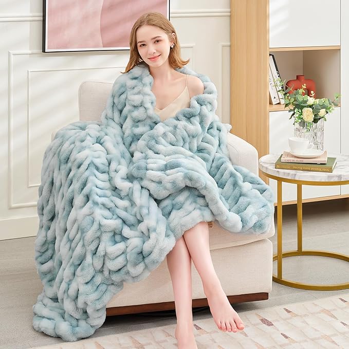 Ultra Soft Luxury Faux Fur Throw Blanket for Couch, Fuzzy Fluffy Plush Warm Cozy Ruched Blanket for Sofa Bedroom Living Room, Elegant Gift Idea for Women (50"x60",Tie-dye Freshwater Blue)