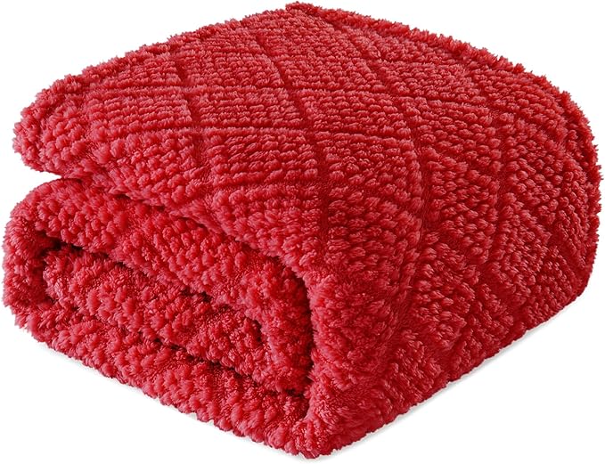 Whale Flotilla Fuzzy Fleece Throw Blanket for Couch, Bed, Soft Fluffy Jacquard Waffle Blankets for All Season, Lightweight and Warm, 50x60 Inch, Red