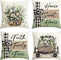 AVOIN colorlife Home Sweet Home Farmhouse Eucalyptus Leaves Throw Pillow Covers, 20 x 20 Inch Truck Stripes Buffalo Plaid Cushion Case Decorations Set of 4