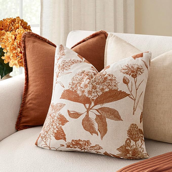 Foindtower Set of 2 Linen Floral Throw Pillow Covers Vintage Accent Print Decorative Cozy Cushion Covers Farmhouse Boho Home Decor for Sofa Chair Couch Bedroom Living Room,20×20 Inch,Autumn Orange