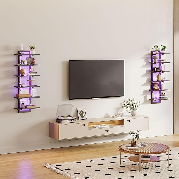 6 Tier Wall Shelf Unit with LED Light, Black Floating Shelf, Vertical Display Shelf, Wall Decor for Bedroom Living Room, Vanity, 15" W x 5.9" D x 43.3" H
