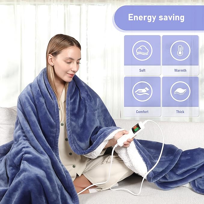 Heated Blanket Electric Queen Size, Soft Sherpa Flannel Heating Blanket Throw with Overheating Protection, 8 Hours Auto Off 10 Fast Heating Levels, Heat Blanket for Home & Office Machine Washable