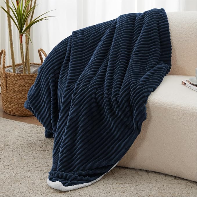 Navy Blue Throw Blanket - Soft Cozy Sherpa, Warm for Winter, Reversible for Sofa, 50 x 60 Inches