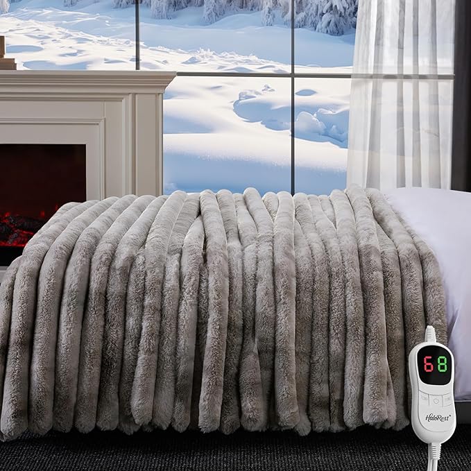 Heated Throw Blanket, Faux Fur Cozy Heating Blanket with Overheat Protection, 1/2/4/6/8 Hours Auto-Off 10 Heat Level, Machine Washable (62x84 Inches, Tie-Dye Light Grey)