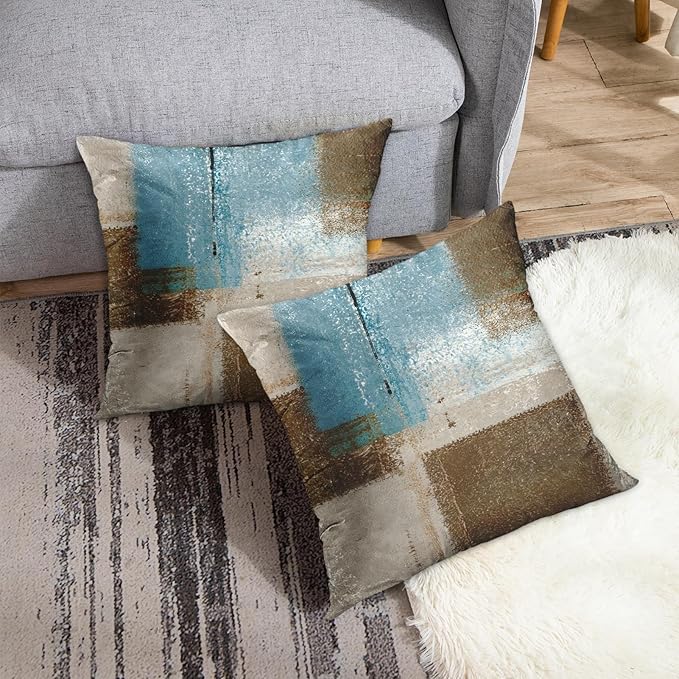 Britimes Throw Pillow Covers Modern Home Art Decor, 16 x 16 Inches Set of 2 Pillow Cases Decorative, Abstract Oil Painting Pillowcases for Bedroom, Living Room, Cushion Couch Sofa, Beige Blue