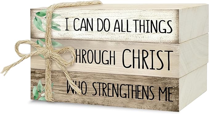 Decorative Books for Home Decor, Wood Book Stack for Table Decor, I Can Do All Things Through Christ Who Strengthens Me Decoration Books for Office Shelf, Farmhouse Stacked Books Decoration (L75)