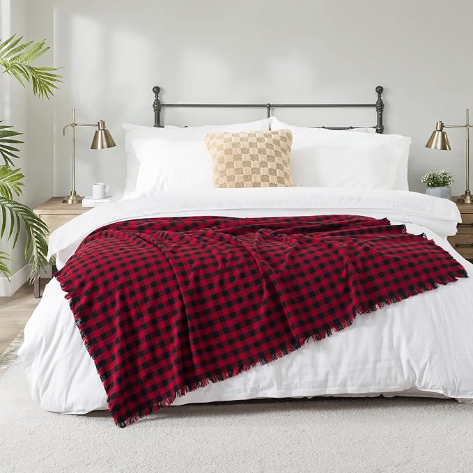 100% Cotton Throw Blanket Plaid Soft Lightweight Cozy Farmhouse Tassels Summer Thin Breathable Throws for Couch Sofa Bed (50" × 60" Red/Black)