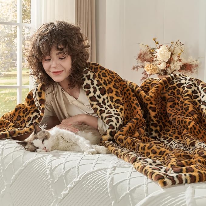 Krifey Leopard Print Blanket, Faux Fur Throws for Bed, Soft Cozy Fuzzy Fluffy Thick Warm Plush Cheetah Print Blanket, Christmas Birthday Gifts for Mom Dad Women Men, Room Decor, 50x60in