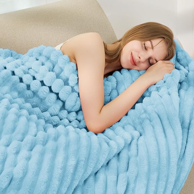 Comelady Light Blue Fleece Throw Blanket for Couch, Super Soft Lightweight Fuzzy Blanket for Couch Bedroom Home Decor, Cozy Fluffy Striped Blanket Gifts for Women Men Girls, 50"×60"