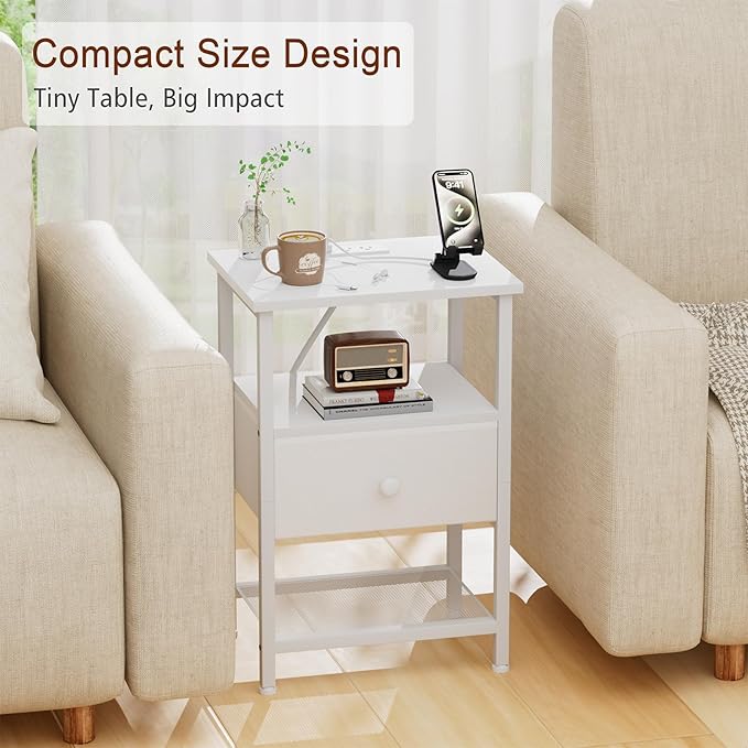 White Nightstand with Charging Station, End Table with Fabric Drawer, Night Stand for Bedroom, Small Bed Side Table with USB Ports and Outlets for Living Room, HETS010WT-1