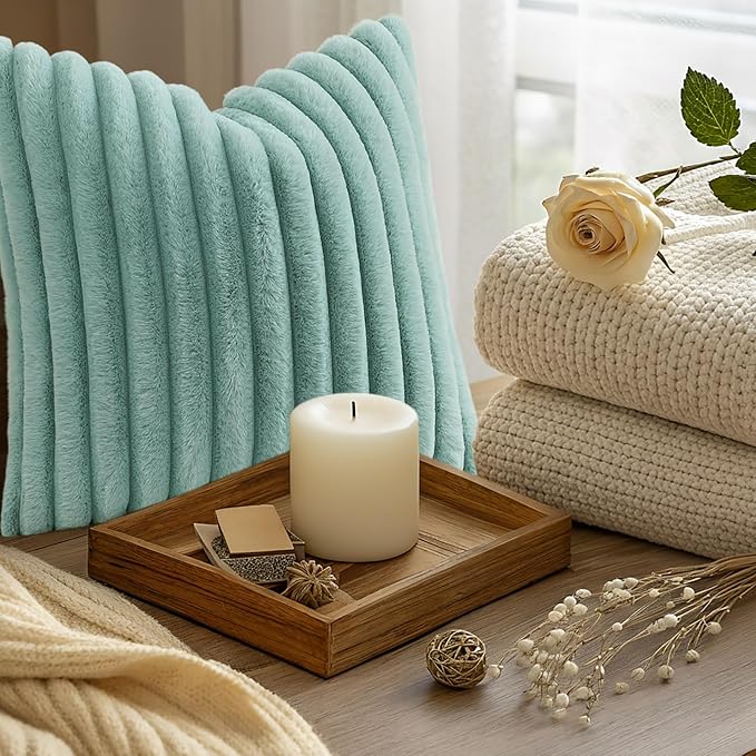 decorUhome Summer Cozy Faux Fur Throw Pillow Covers 22x22 Set of 2 Decorative Soft Plush Striped Modern Farmhouse Boho Couch Euro Sham Pillow Cases with Velvet Back for Sofa Bed Living Room, Aqua