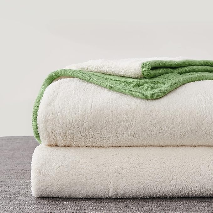 Longhui bedding Sage Green Acrylic Cable Knit Sherpa Throw Blanket - Thick, Soft, Big, Cozy Sage Green Knitted Fleece Blankets for Couch, Sofa, Bed - 50 x 63 Inches